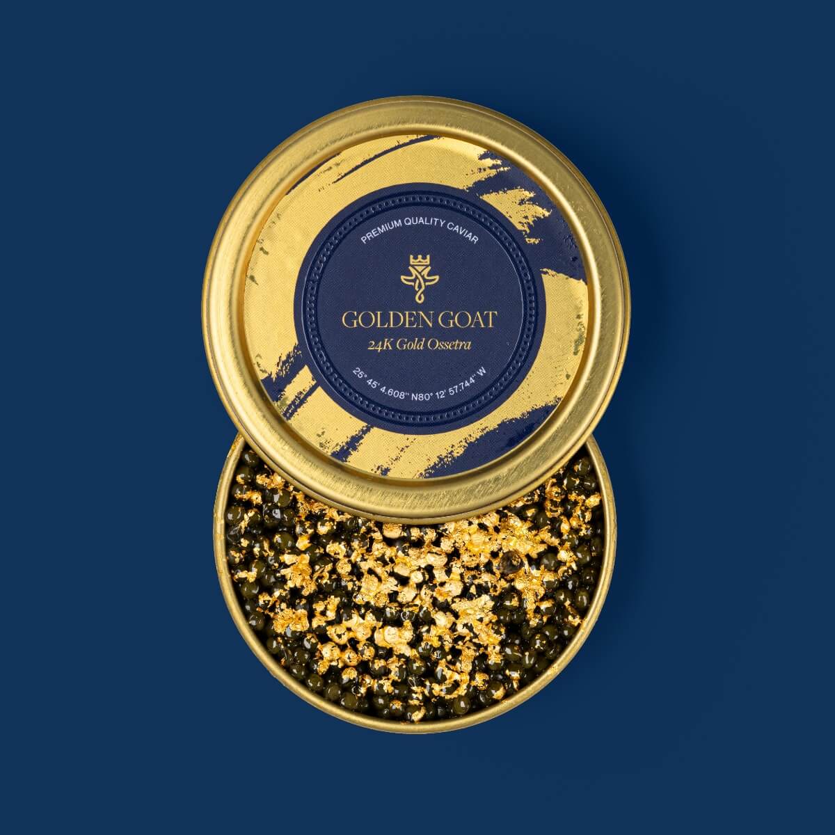 A tin container with a label indicating it contains 24 Gold Caviar, with gold flakes visible on the surface.