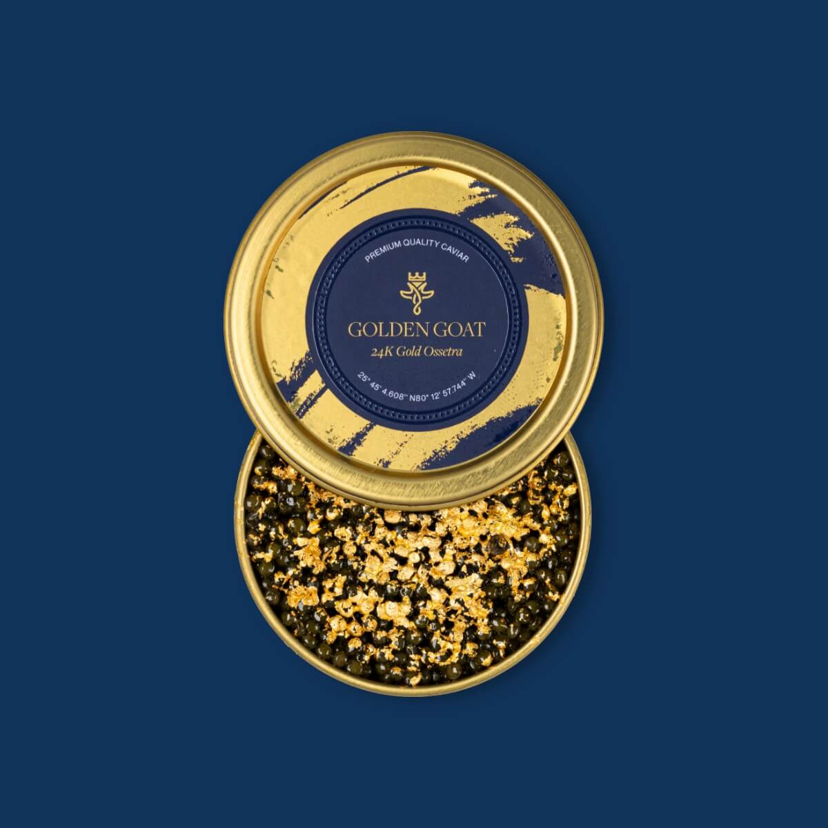 Gold and blue container of Golden Goat caviar on a blue background