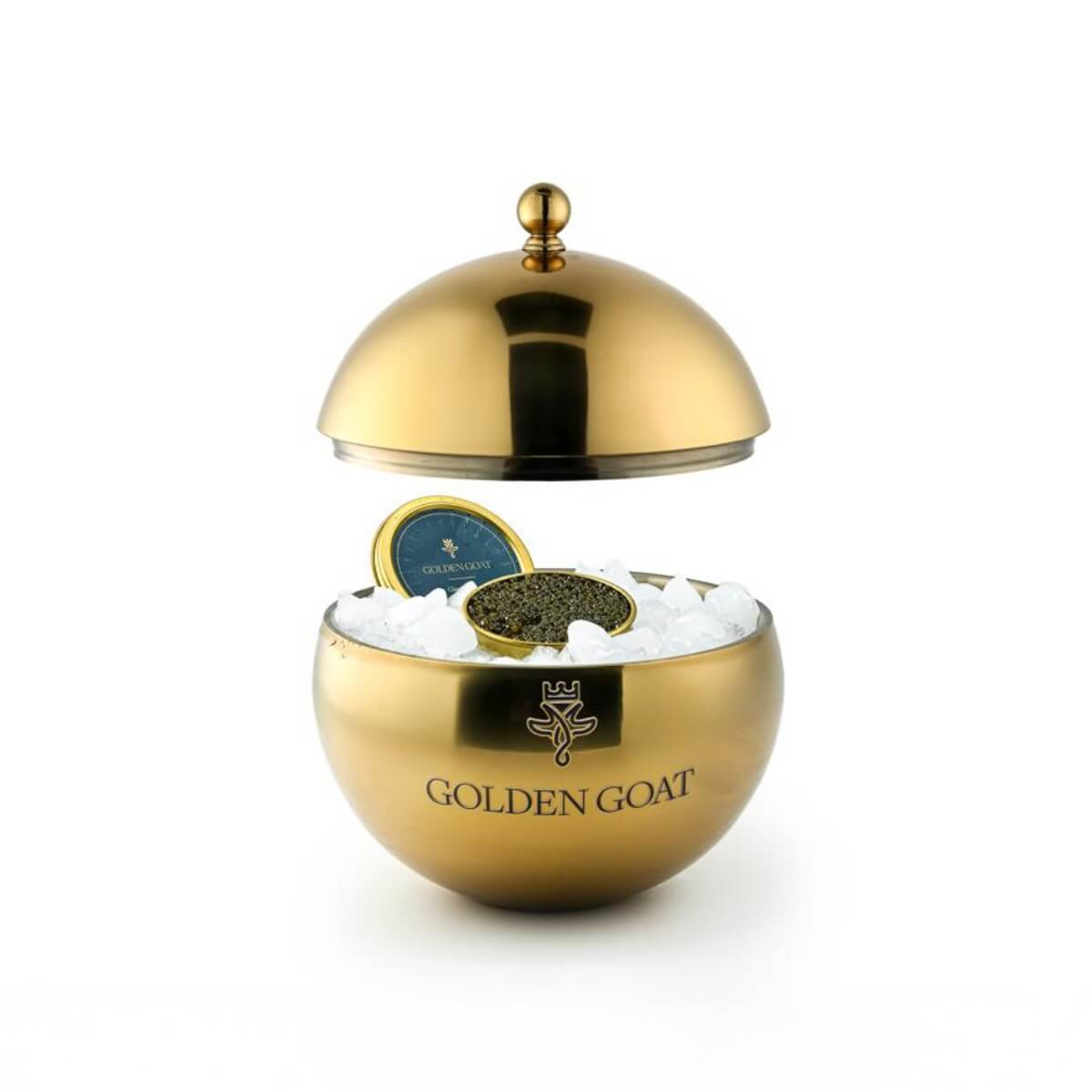 Golden Goat Caviar Chiller with ice and a caviar tin on a white background.