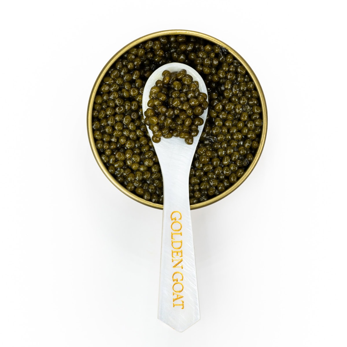 A caviar spoon scooping caviar out of a tin on a white background.