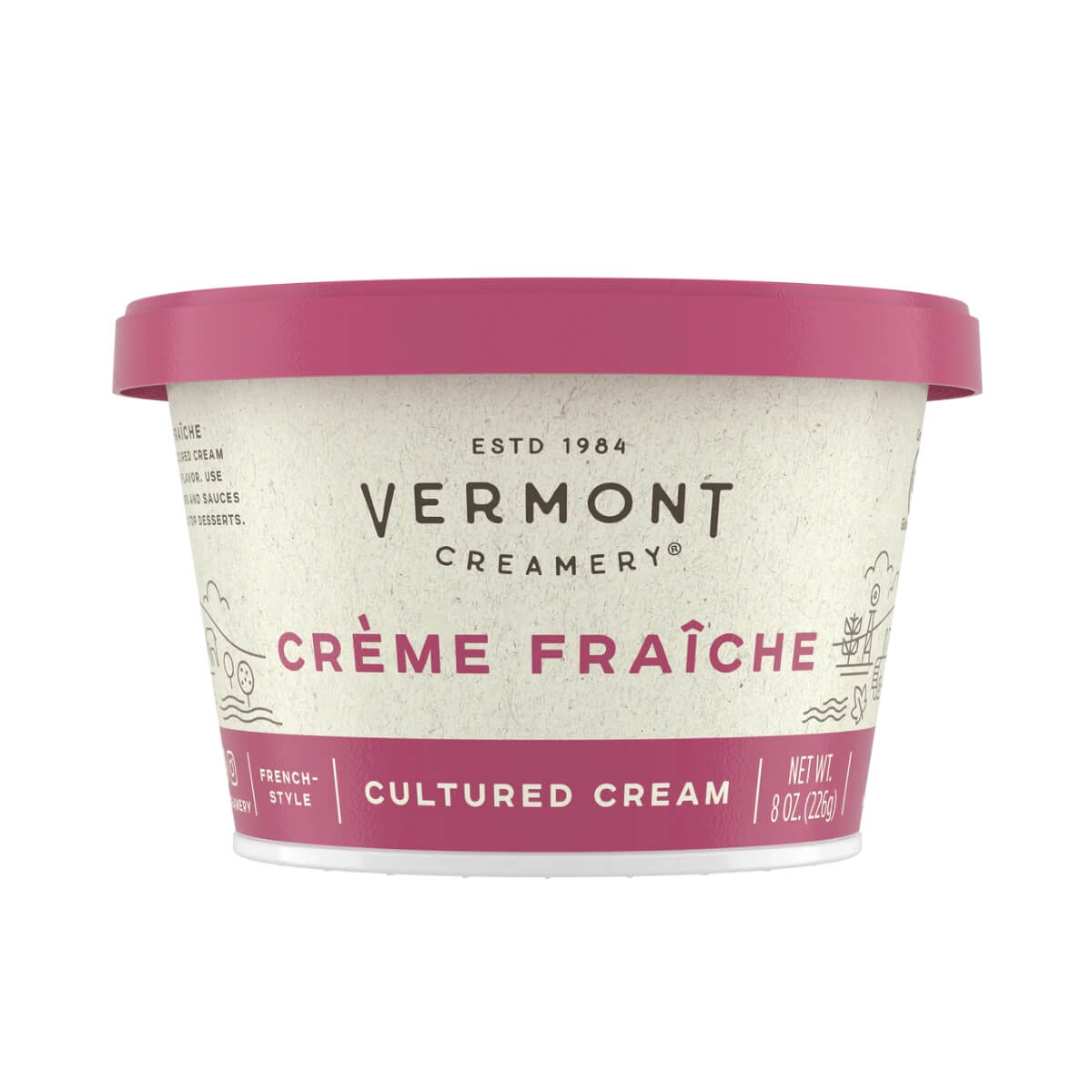 Container of Vermont Creamery Crème Fraîche with pink lid and label on a white background