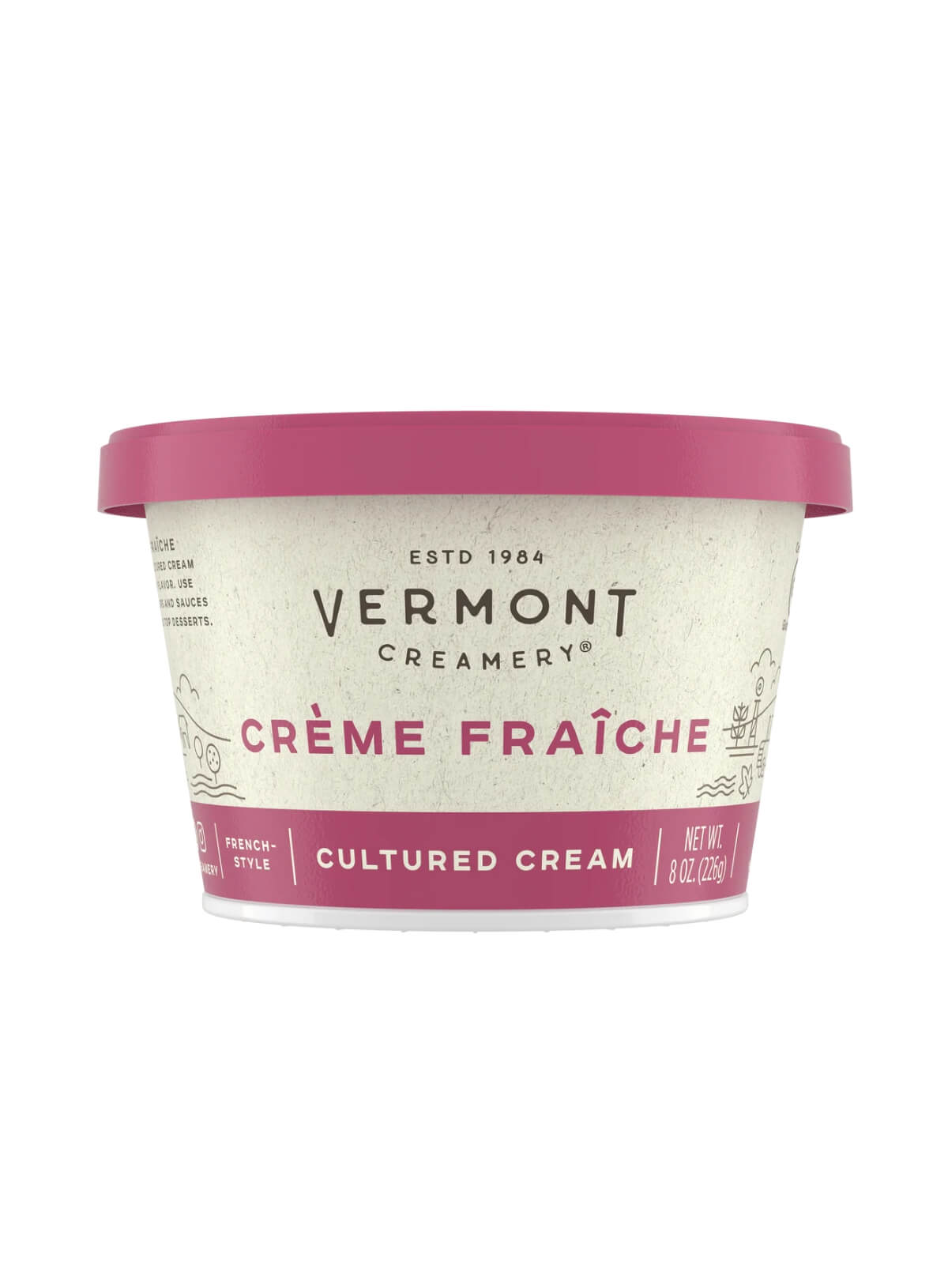Vermont Creamery Crème Fraçèche container with pink lid on a white background