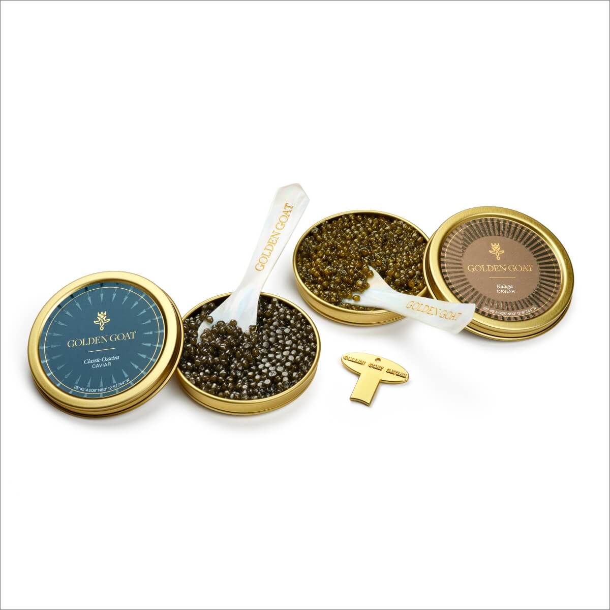 Caviar set with gold containers and a spoon on a white background