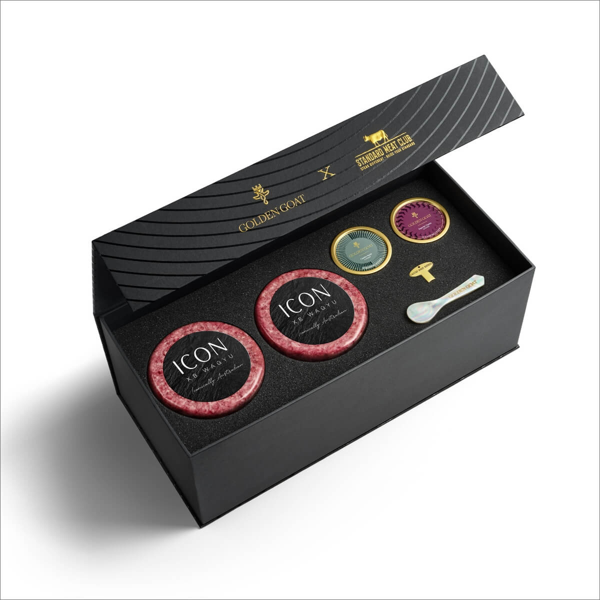 Black gift box with 'ICON' wagyu beef and a selection of caviar on a white background.