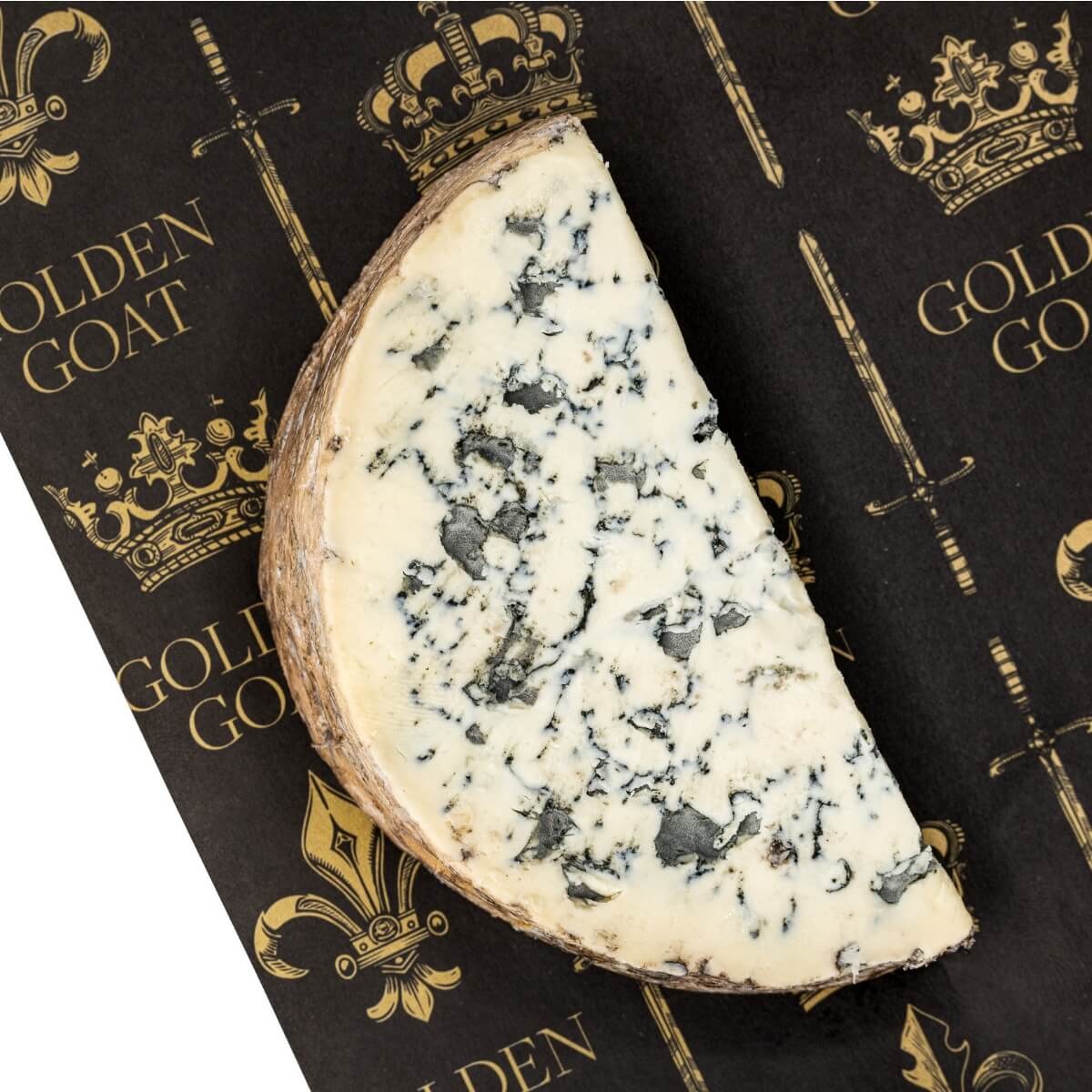 Fourme D'Ambert cheese wedge on a black surface with 'Golden Goat' branding