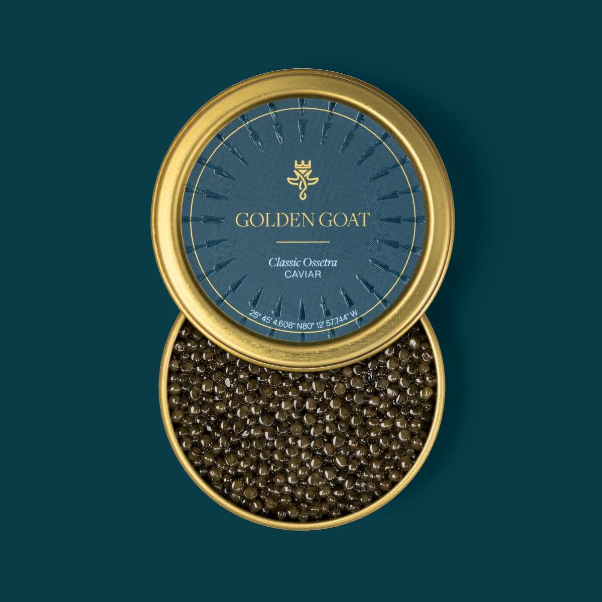 A tin container of Classic Ossetra caviar by GOLDEN GOAT, with the caviar visible through the open lid.