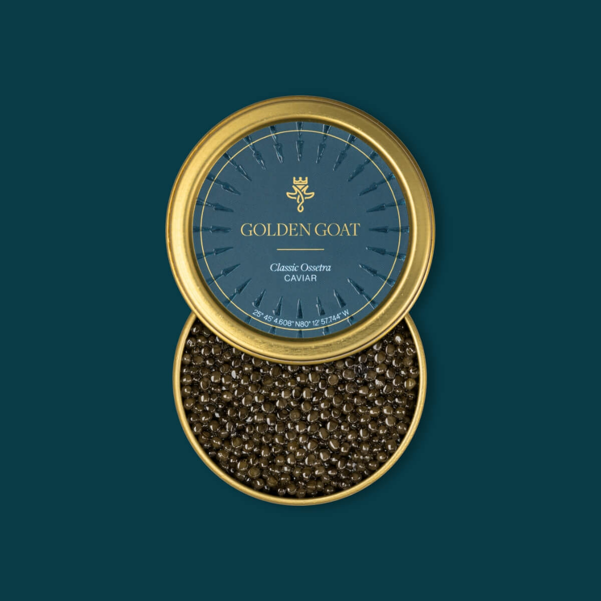 Container of caviar with 'Golden Goat' branding on a dark green background
