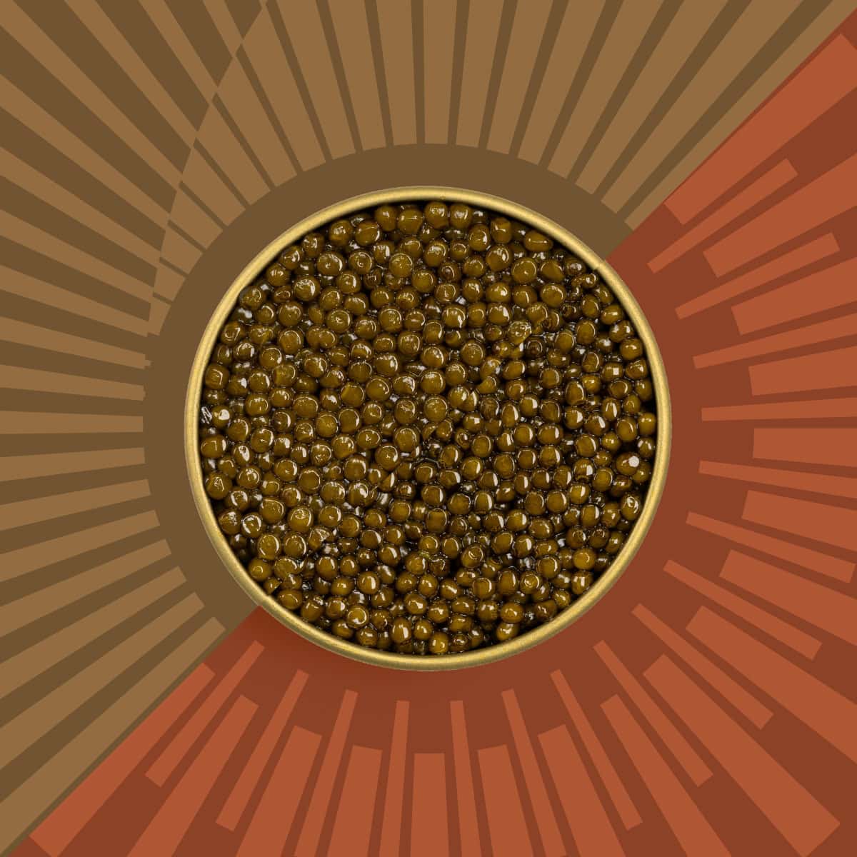 Two types of brown caviar in a tin on a brown and orange background.