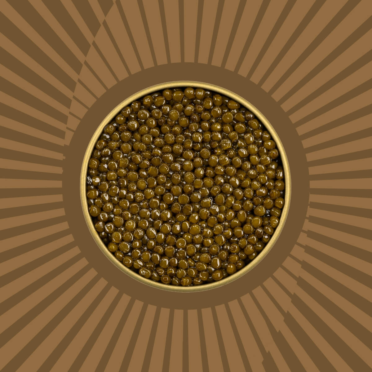 Dark brown Kaluga caviar in a golden caviar tin on a brown pattern background.