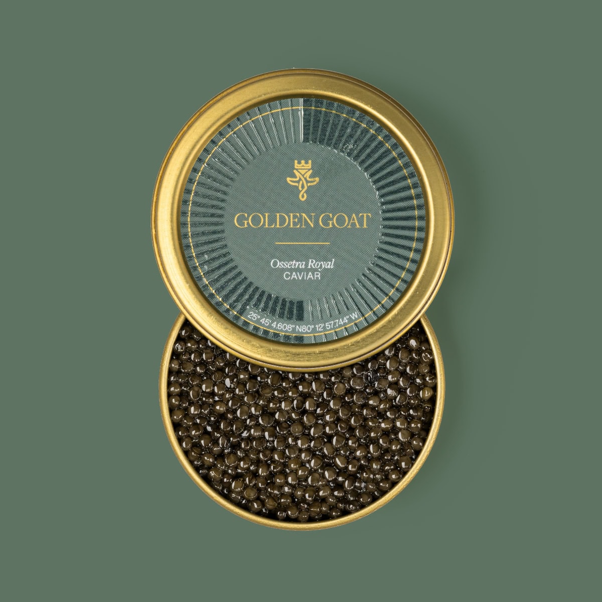 A tin can of Ossetra Royal caviar by Golden Goat, with the caviar visible through the open lid, displaying dark black to bronze beads.