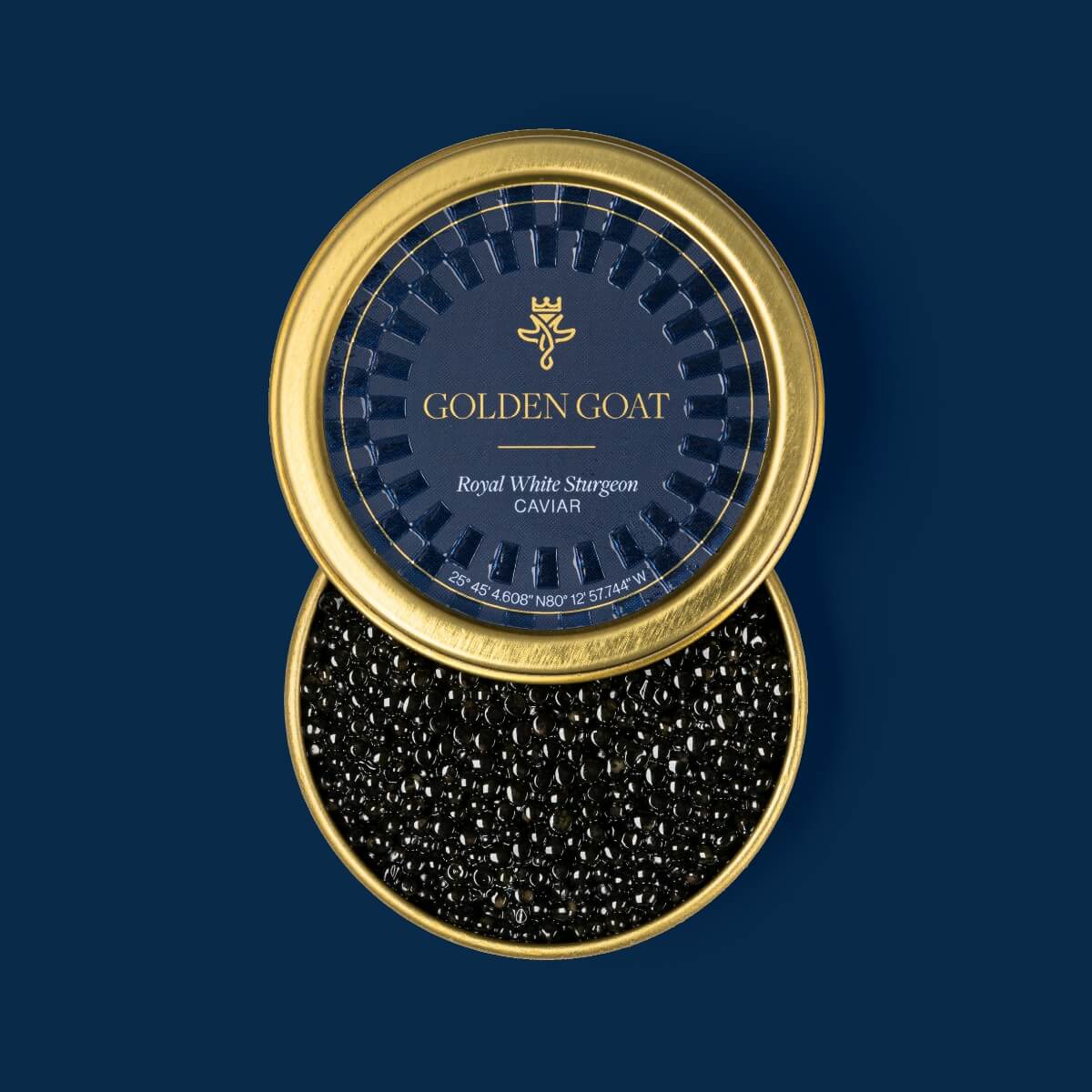 A tin container of Royal White Sturgeon caviar by GOLDEN GOAT, with a visible label on top showing the brand and product name.
