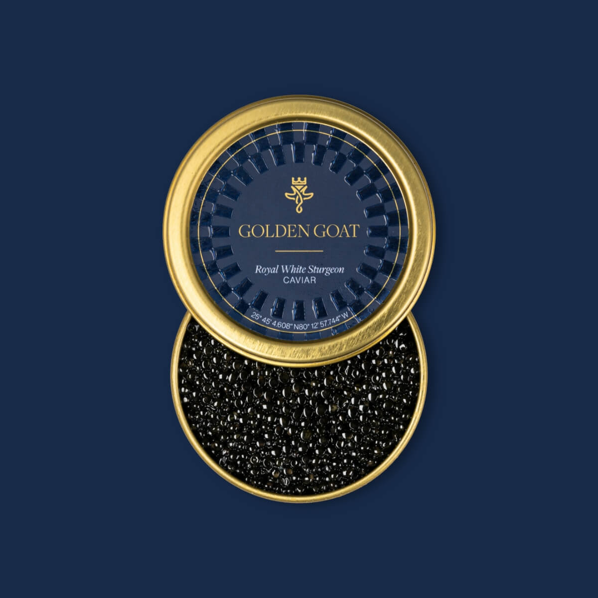 Caviar tin with 'Golden Goat' branding on a dark blue background