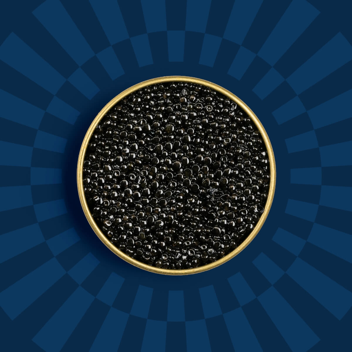 Shiny black caviar pearls in a caviar tin on a blue background.
