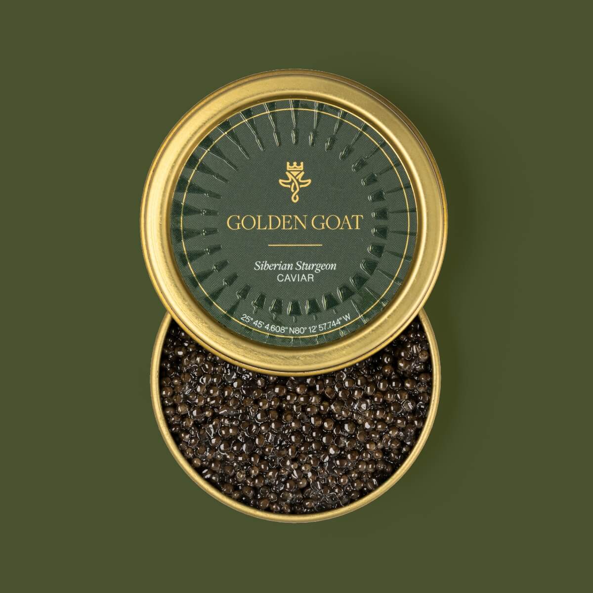 A tin container with a gold and green label, displaying the brand 'GOLDEN GOAT' and the product name 'Siberian Sturgeon Caviar'. The caviar is visible as dark, oval-shaped grains within the container.