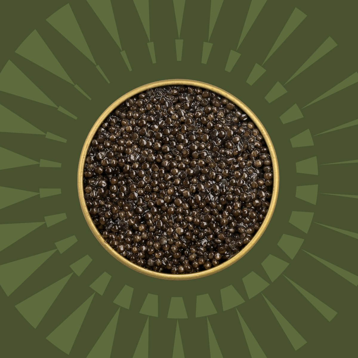 Dark brown caviar pearls in a gold colored caviar tin on a green background.