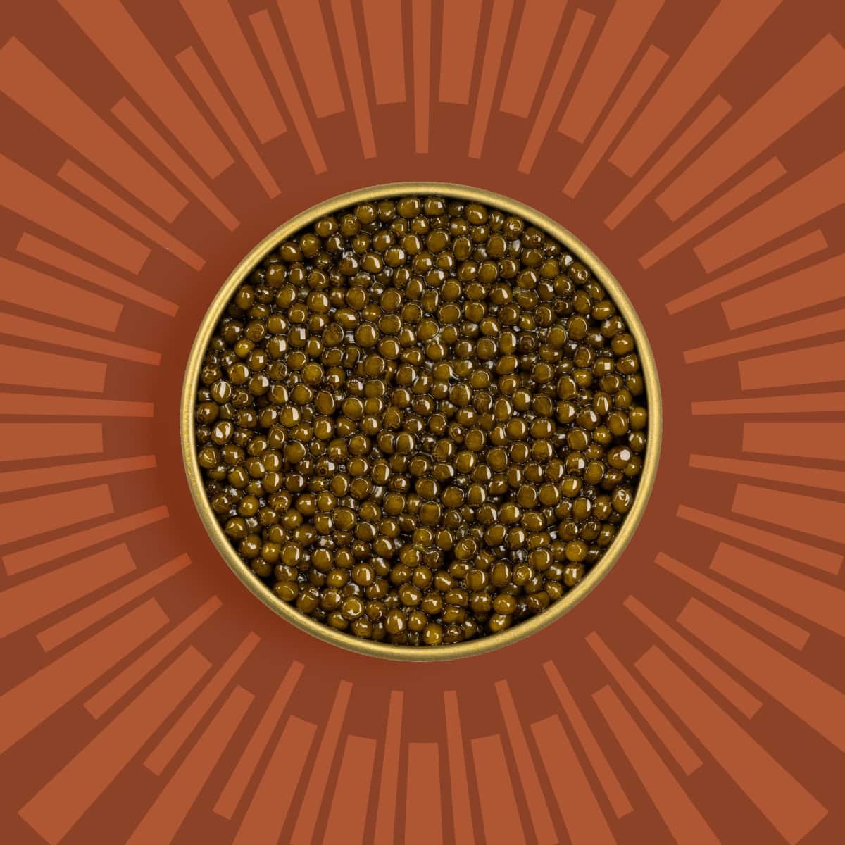 Caviar in a tin on an orange patterned background.