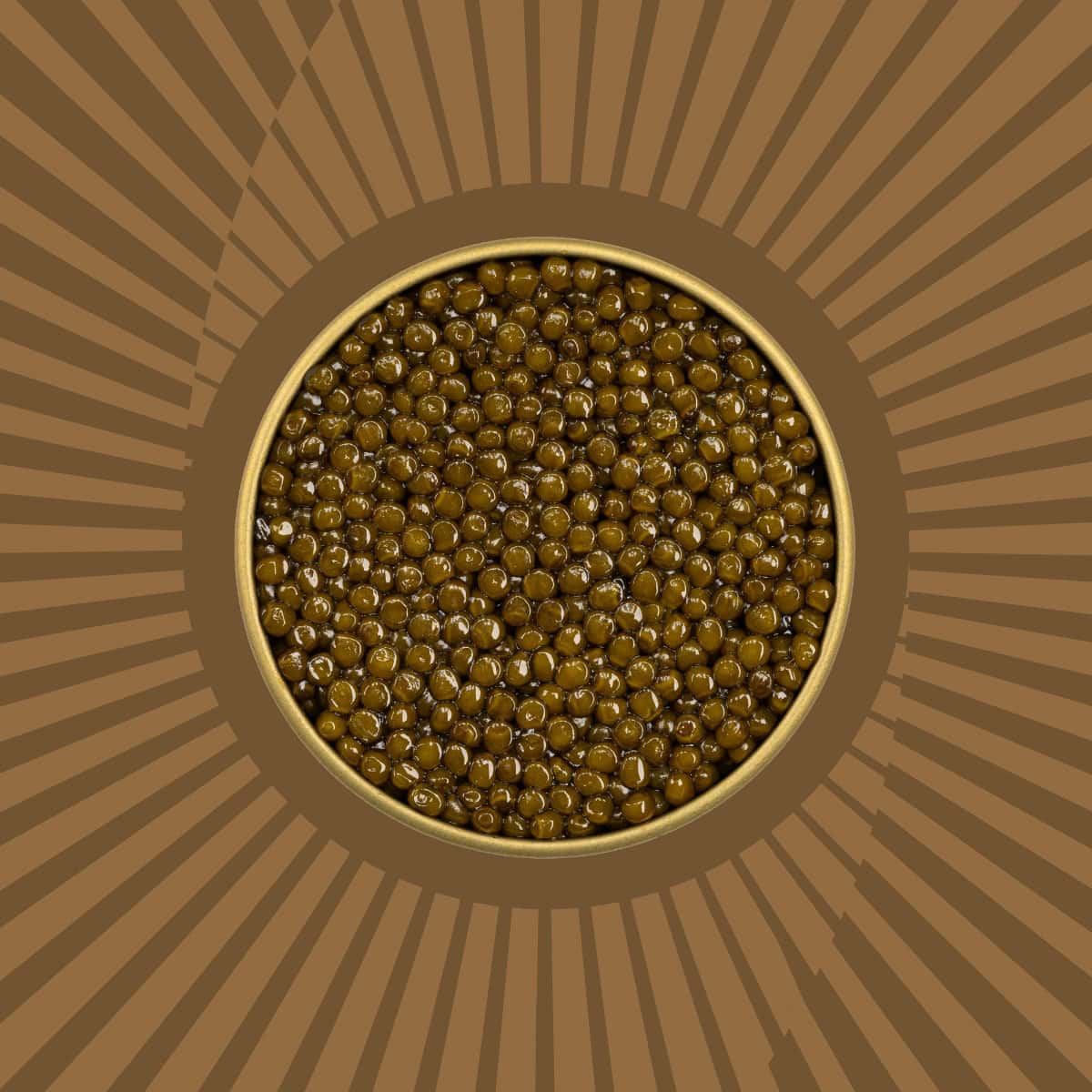 Brown caviar pearls on a brown circular patterned background.