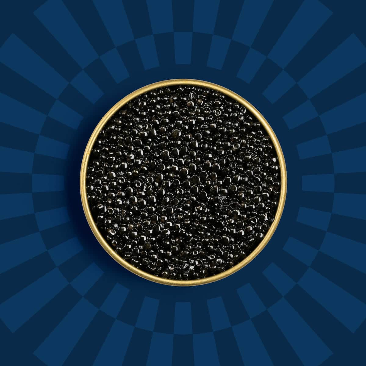 Black caviar pearls in a gold caviar tin on a blue background.