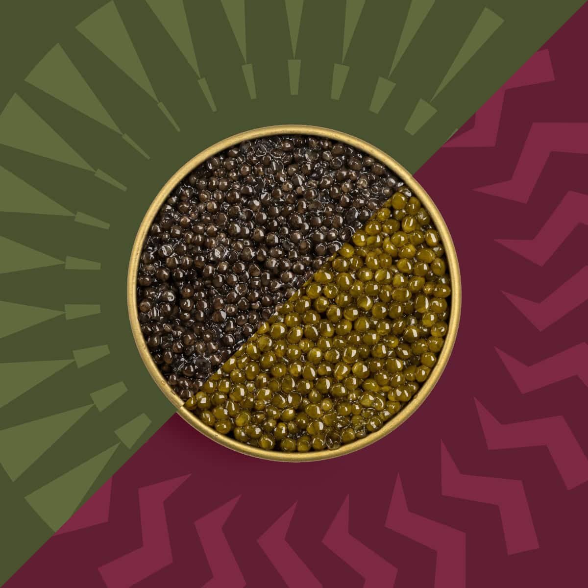 Two types of caviar in a tin on a red and green background.