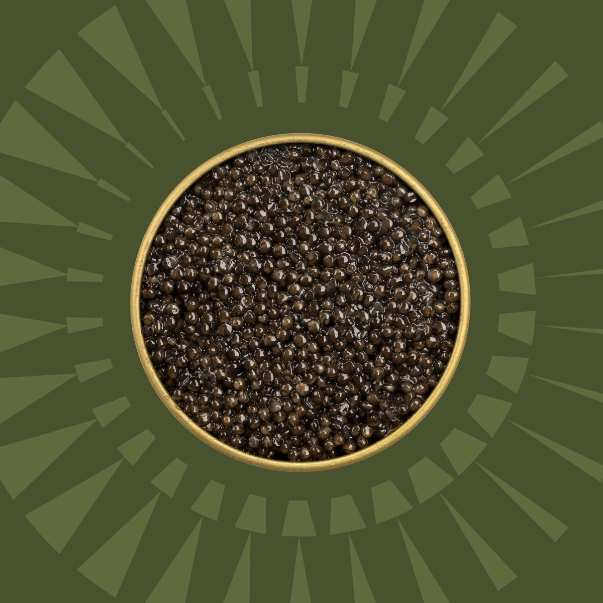 Caviar in a tin on a green background.