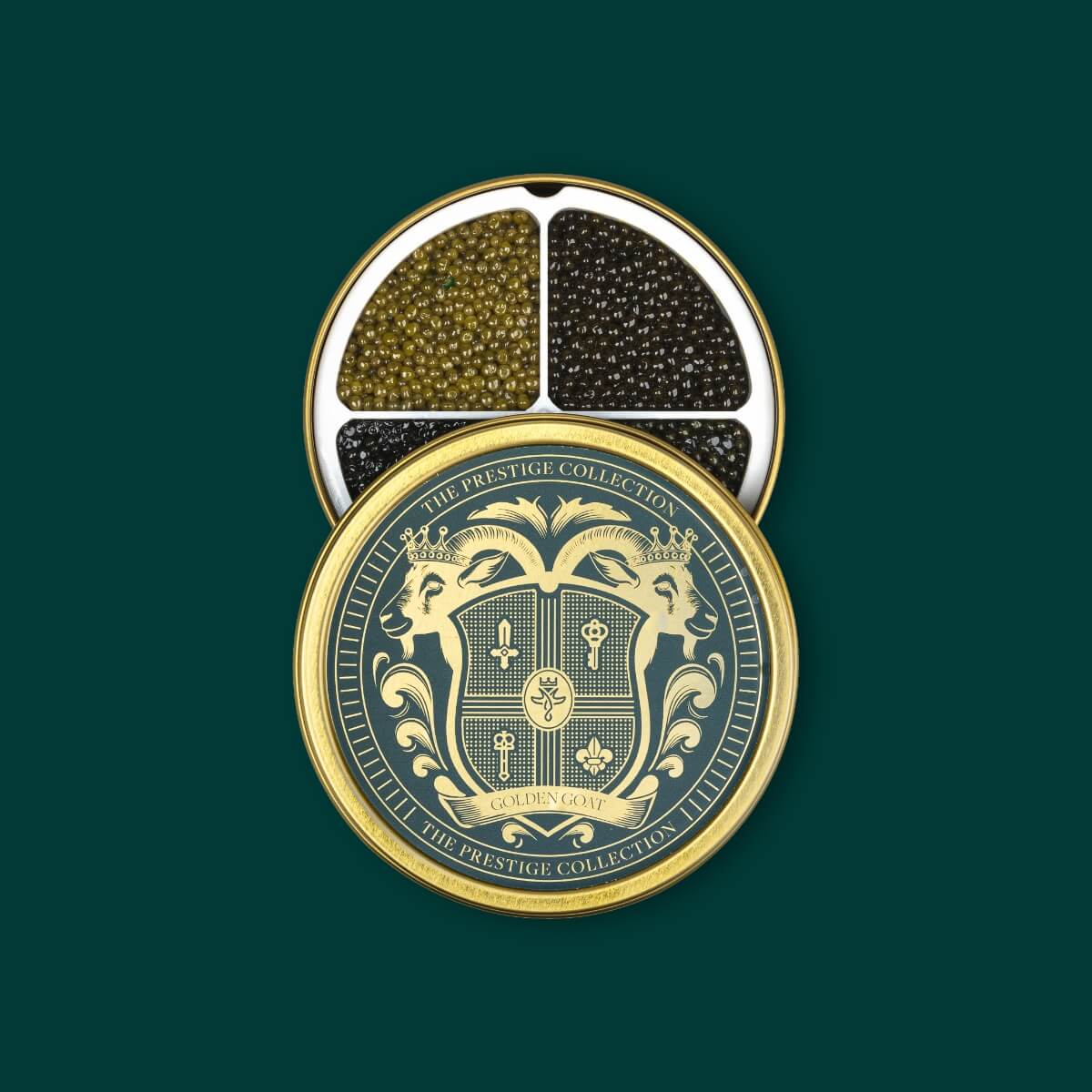 Luxury caviar set with a decorative lid on a green background