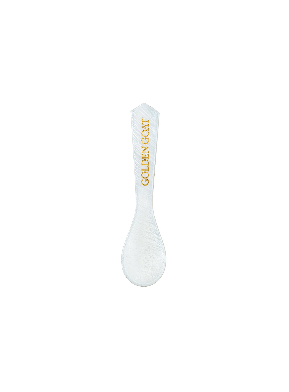 Caviar spoon engraved 'GOLDEN GOAT' on a white background.