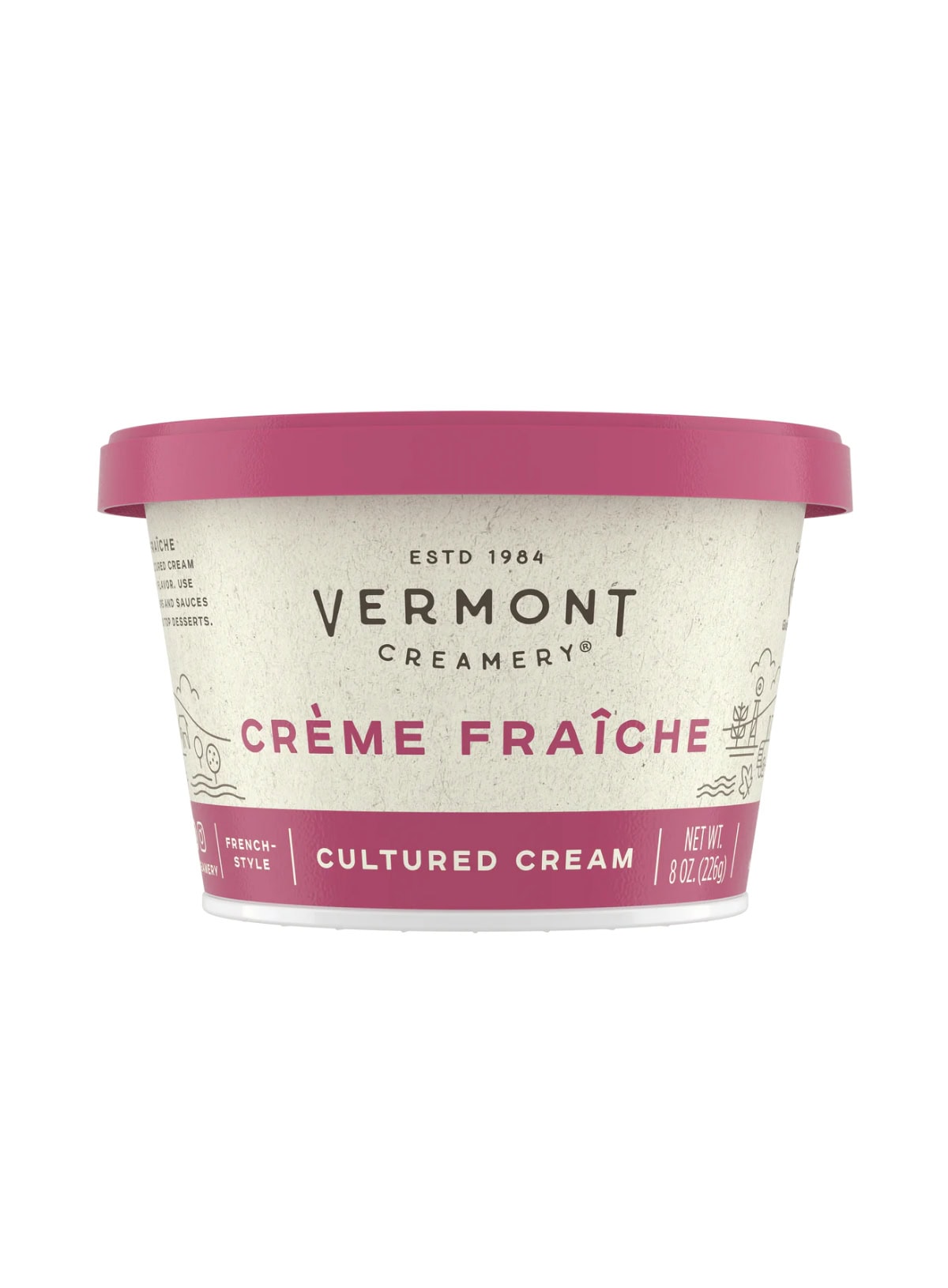Vermont Creamery Crème Fraçèche container with pink lid on a white background