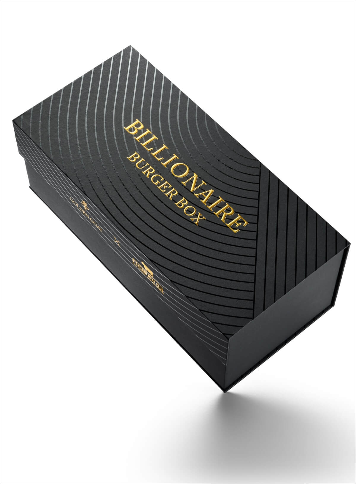 Black 'Billionaire Burger Box' packaging on a white background
