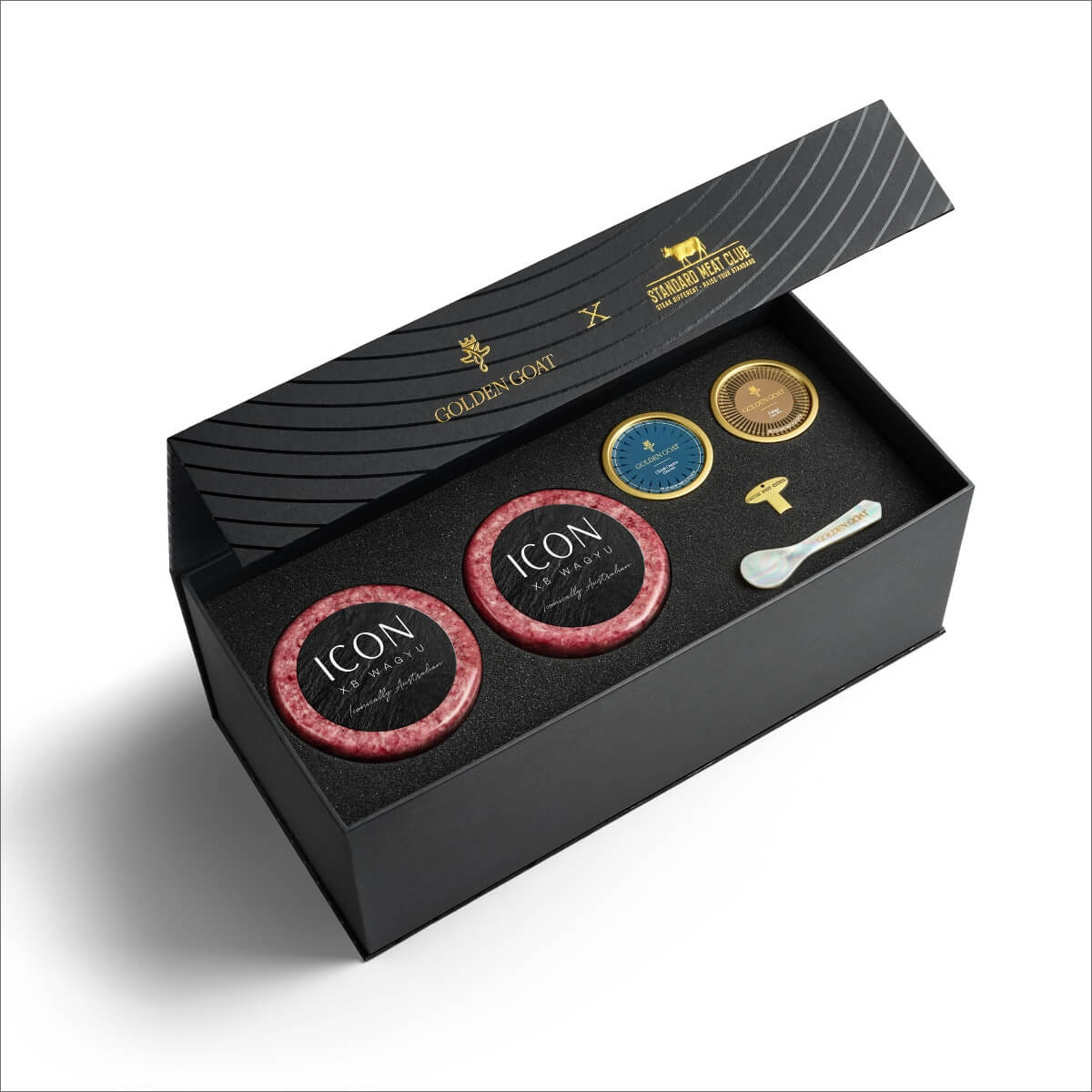 Black gift box with 'ICON' wagyu beef and a selection of caviar on a white background.