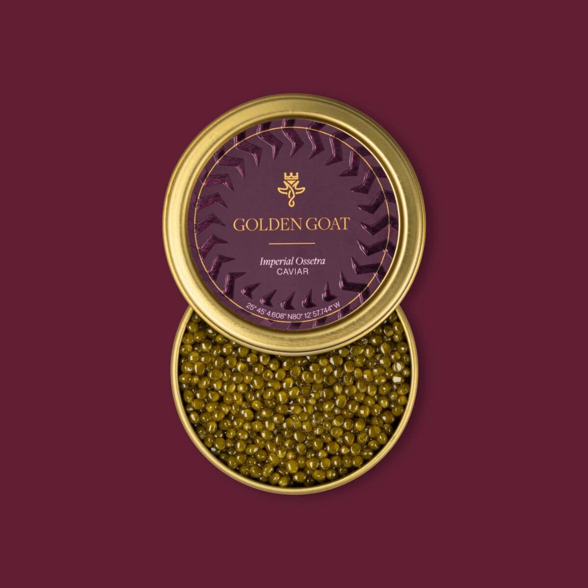 Container of caviar with 'Golden Goat' branding on a dark red background