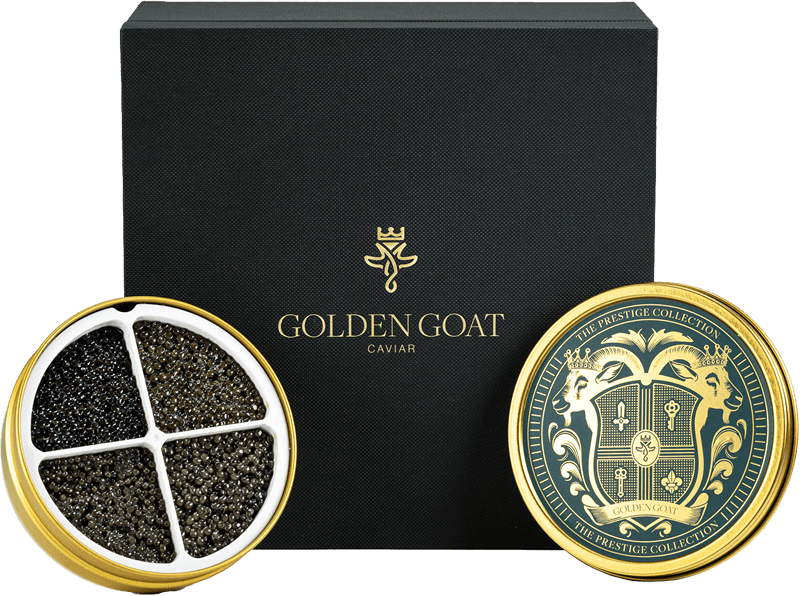 Caviar with 'Golden Goat' branding and a decorative box on a transparent background