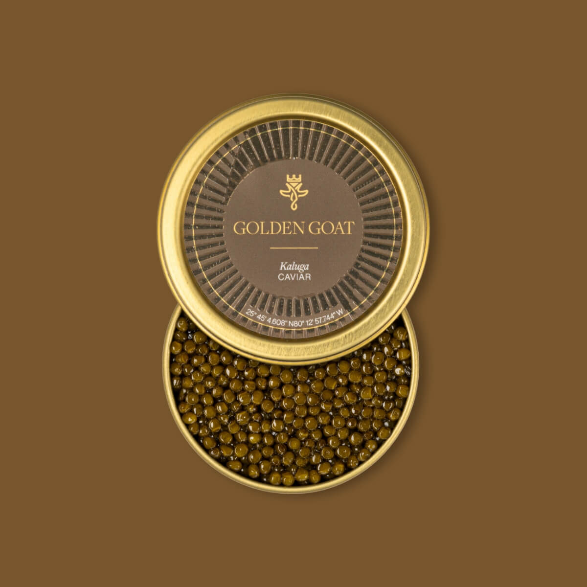 Open container of caviar with 'Golden Goat' branding on a brown background