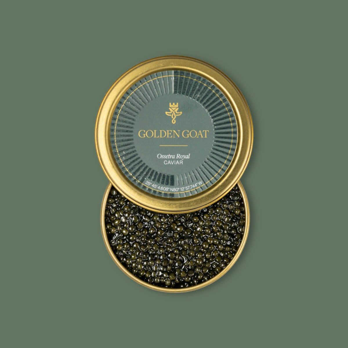 Caviar in a Golden Goat container on a green background