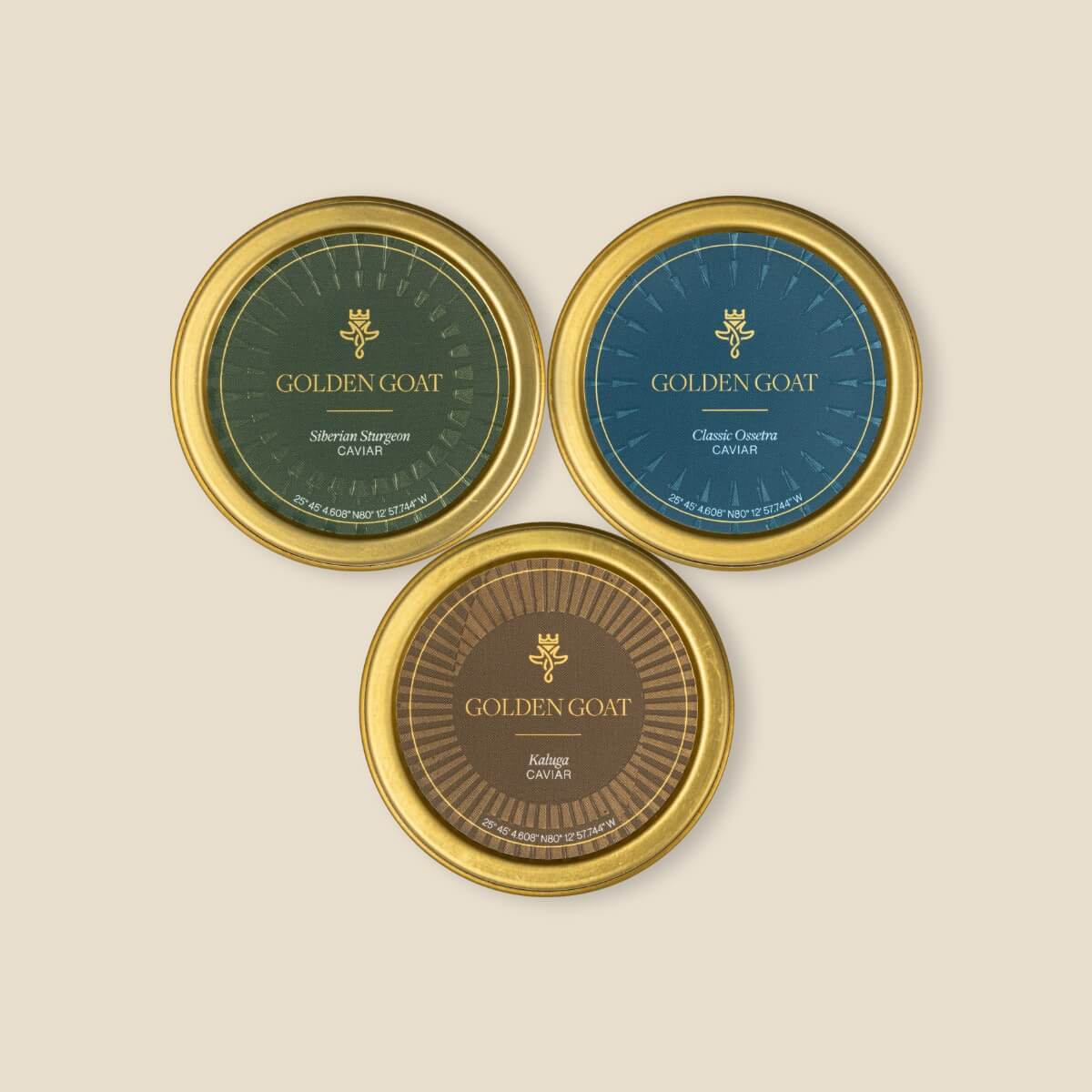 Three round caviar tins with 'Golden Goat' branding on a beige background